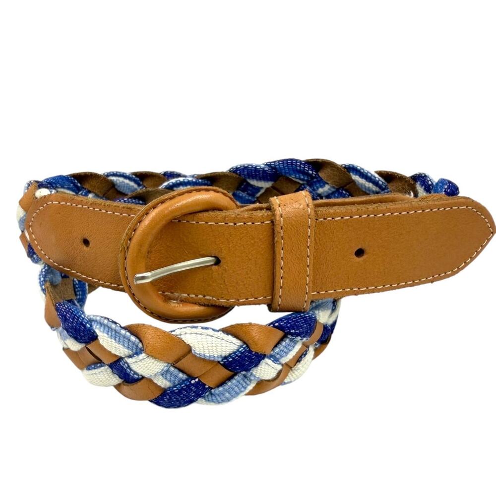 Vintage 80s 90s Braided Leather Fabric Belt Guatemala Blue Woven Preppy M L